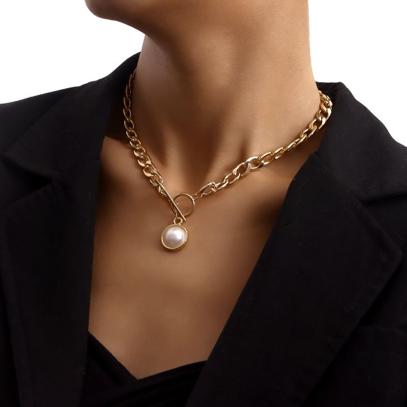 Collana con ciondolo a forma di perla, semplice, con catena cubana spessa e fibbia OT, per donna, stile punk, trendy._voghion.com