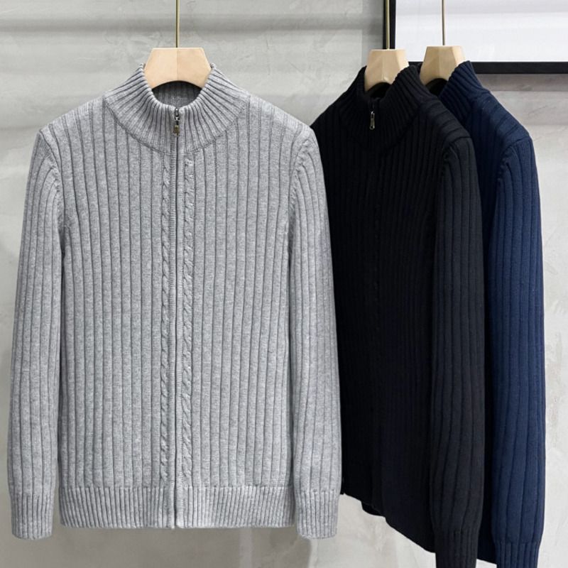 Cardigan de style américain pour homme, couleur unie, version coréenne, fermeture éclair, vêtement d'extérieur, pull tricoté décontracté, automne-hiver_voghion.com