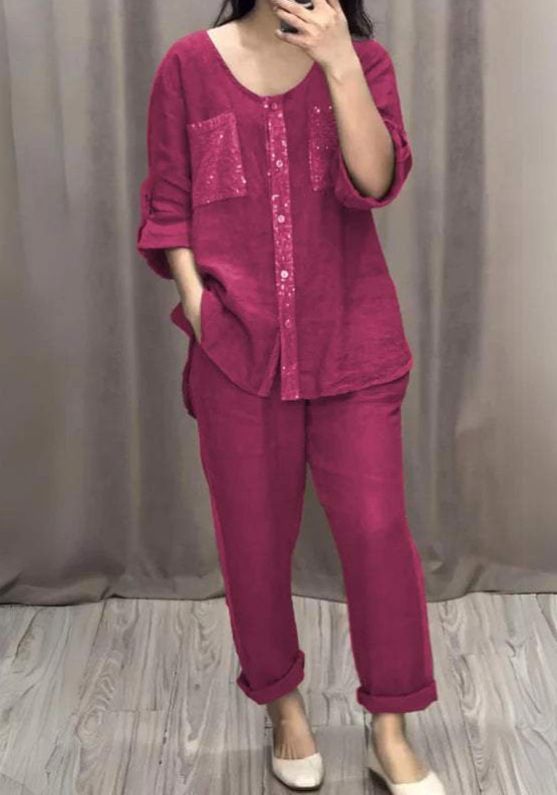 Costume deux pièces en coton et lin à paillettes de couleur unie pour femme_voghion.com