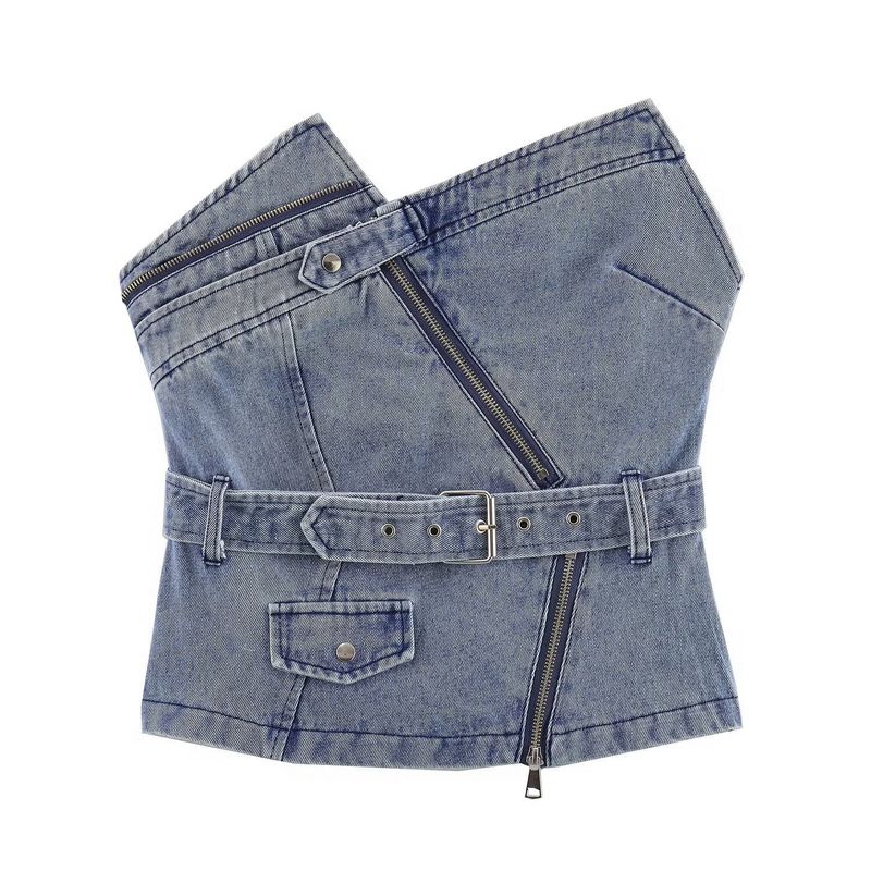 Top tubo vaquero con cinturón para mujer, moda urbana de invierno 2023_voghion.com