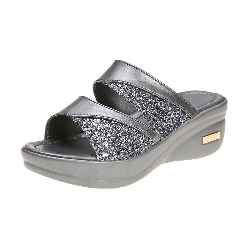 Large Size Wedge Sandals For Women's Summer New Style, Sequined Fish Mouth, Thick Sole, Outer Slippers_voghion.com