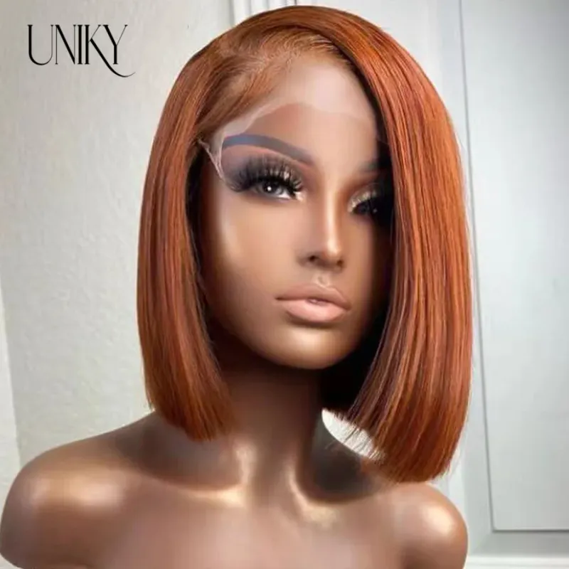 Dunkelorange, seidig glatte Bob-Perücke mit Babyhaar, rötlich-braunes brasilianisches Echthaar, dunkelbraun, 13 x 4 Zoll, Lace-Front-Perücke für Frauen_voghion.com