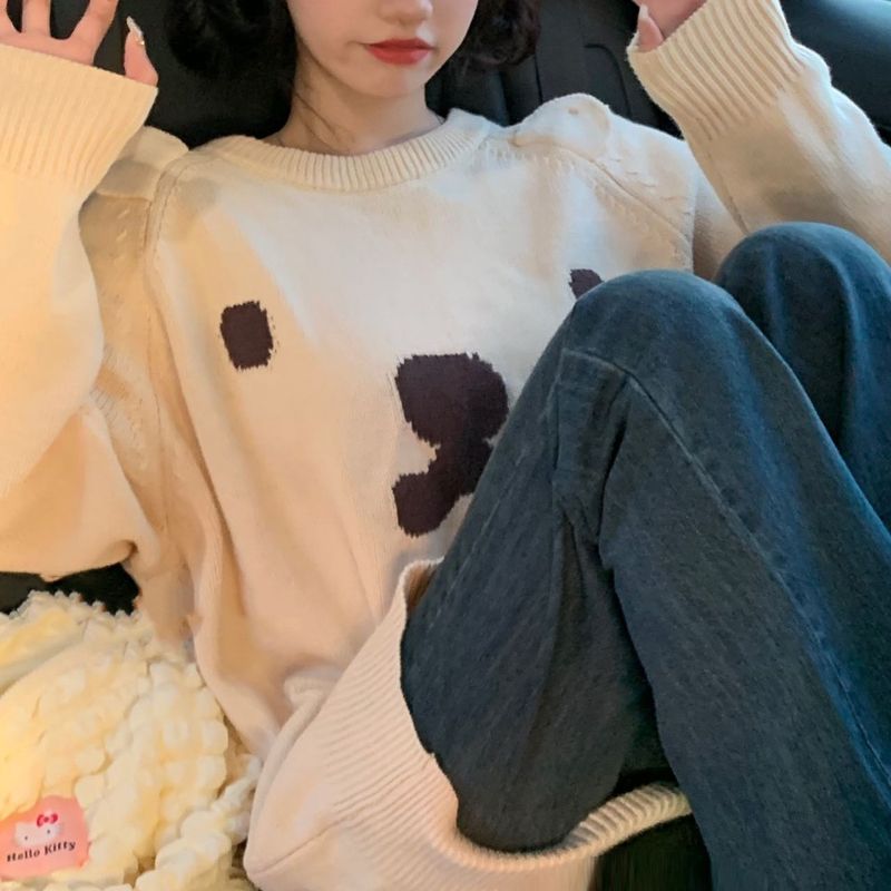 Suéter tejido casero con diseño de perro Pudding, estilo universitario, holgado, con cuello redondo, bonito y versátil._voghion.com