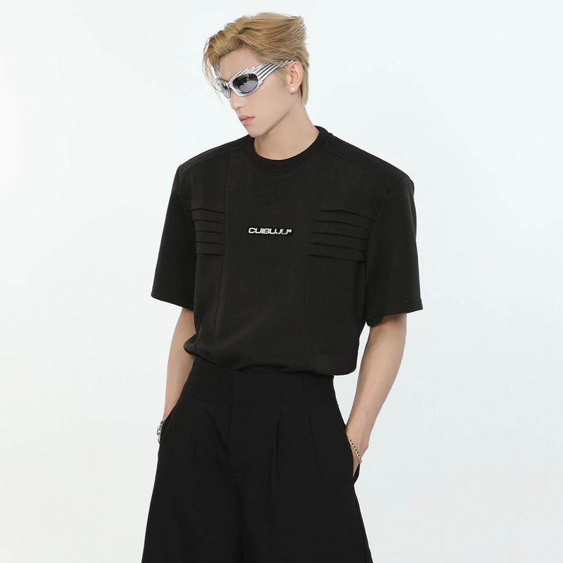Original Design T-shirt Men's Multi-level Structure Shoulder Pad Short Sleeved Summer Half Cut Sleeve_voghion.com