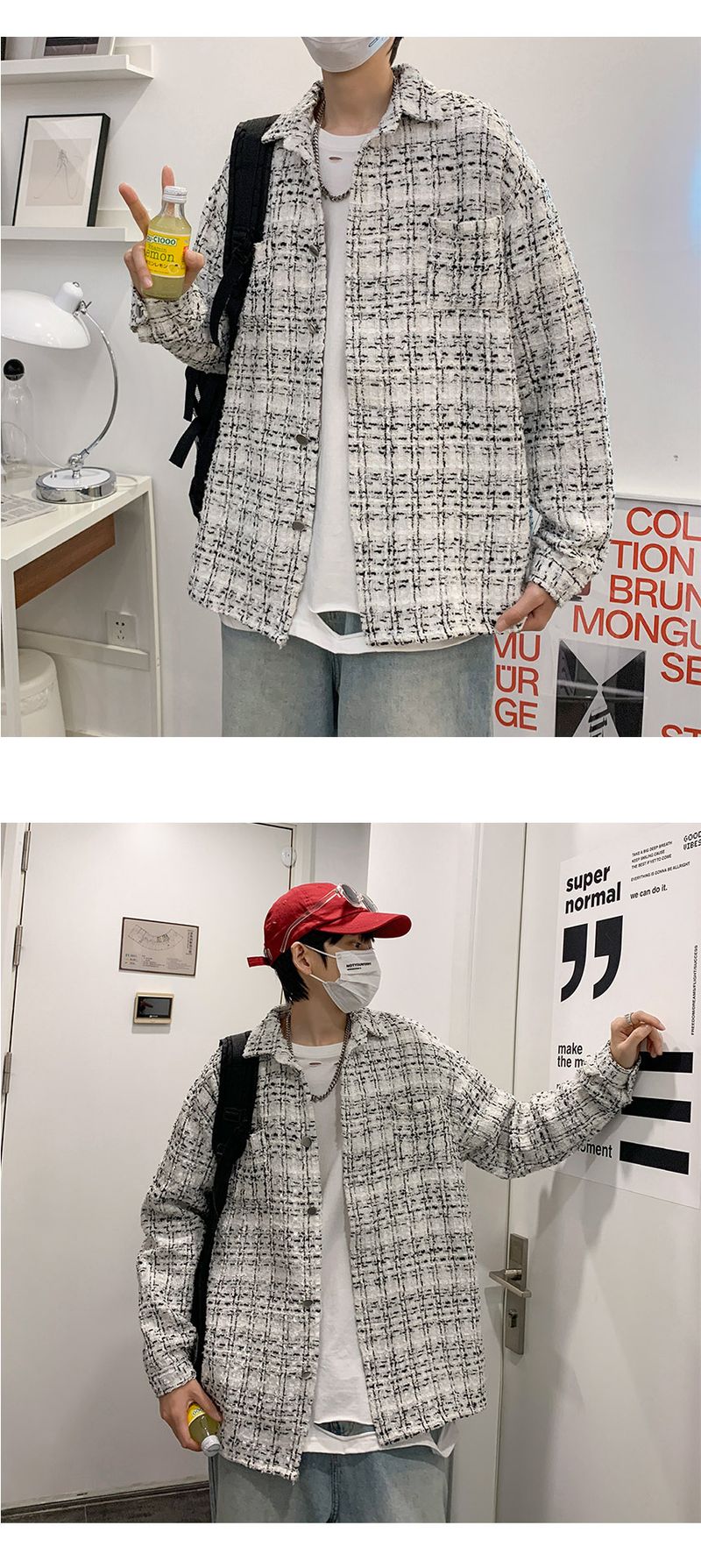 Pi Shuai Mantel Herren INS Trendy Plaid Strickoberteil Frühling und Herbst Koreanische lockere Freizeitarbeitsjacke_voghion.com