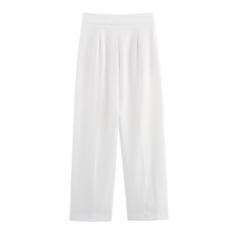 Traje de mujer de moda con chaleco asimétrico sencillo con cuello en V y pantalón ancho plisado._voghion.com