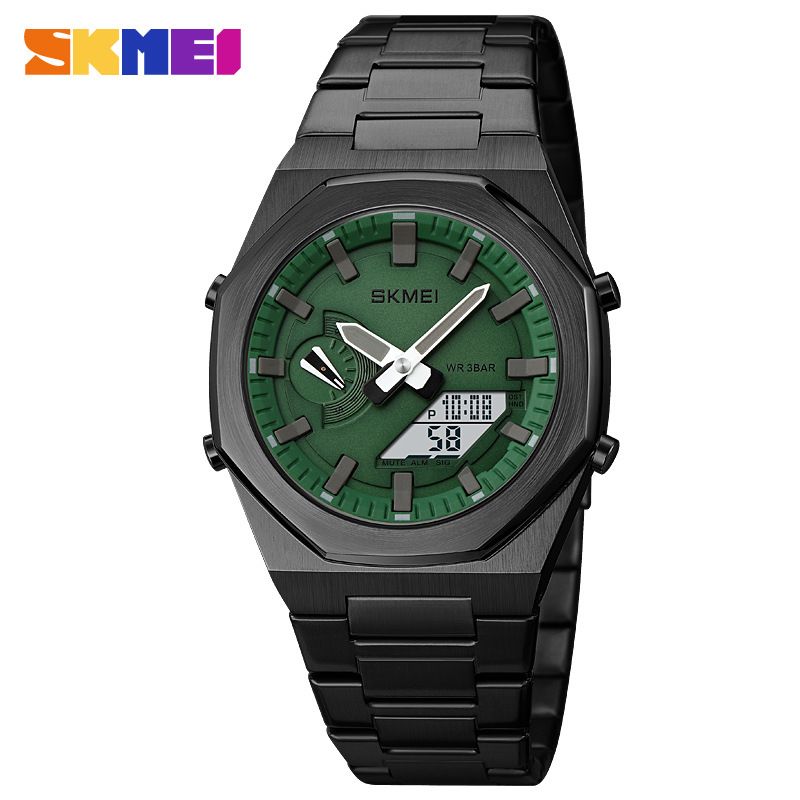 Momentum 1816 Movimento sincronizzato multifunzionale Doppio display Allarmi multipli Cinturino in acciaio Moda uomo elettronico_voghion.com