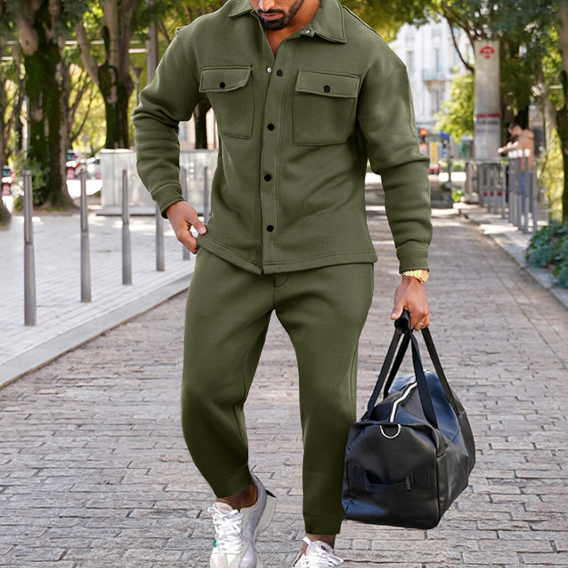 Podzimní/zimní módní bunda pánská podzimní semišová jednořadá jednobarevná slim fit dvoudílná sada pro muže_voghion.com
