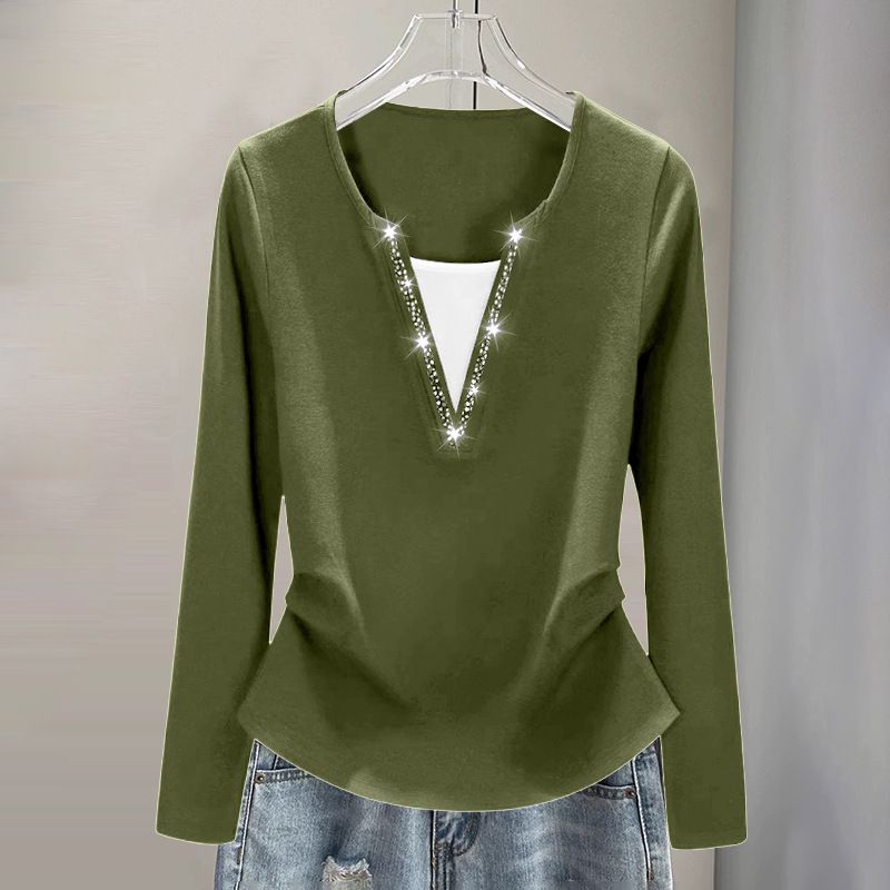 Maglietta a maniche lunghe con scollo a V, taglie forti, con strass, rossa, da donna, novità autunnale, snellente e alla moda_voghion.com