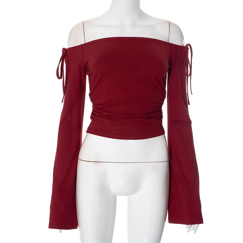 Q24TP650 Women's Autumn/Winter One Word Collar Bow Tie Shrink Fold Short Open Umbilical Top T-shirt_voghion.com