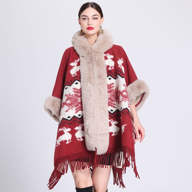 Dameskleding losse plaid plus fluwelen dikke bontkraag gebreide sjaal cape dameswollen sjaaljas_voghion.com