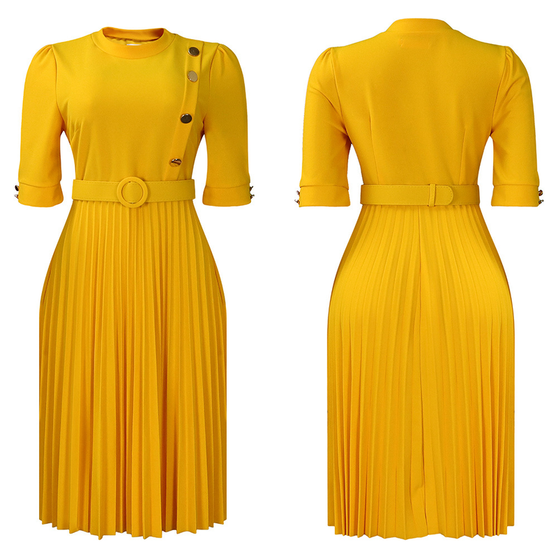 Robe de commerce extérieur plissée à boutons de couleur unie de style africain pour femmes automne et hiver_voghion.com