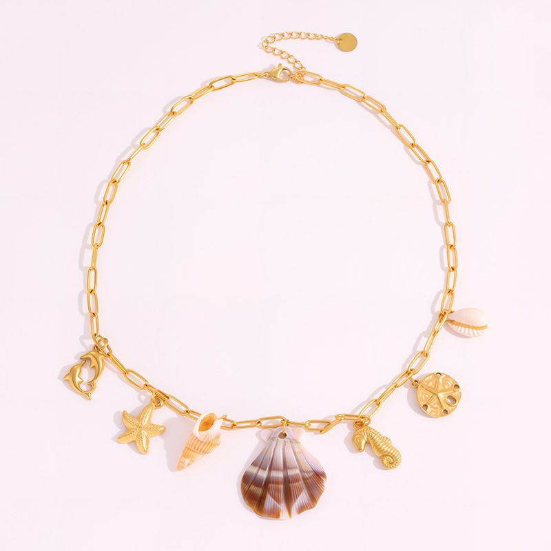 Necklace Women Golden Pendant Necklace Fashion Beach Style Turtle Conch Accessories For Women, Light Luxury High-End Feel, Non-Fading Titanium Steel_voghion.com