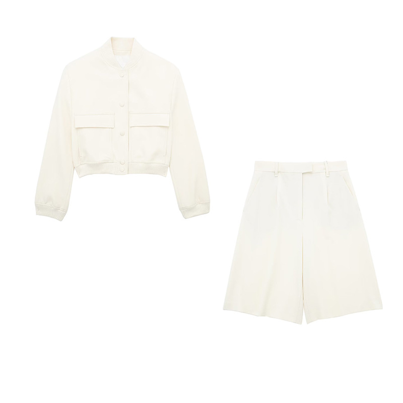 Women's Clothing Spring New Stand-up Collar Large Pocket Jacket Coat + Pleated Design Shorts Suit_voghion.com