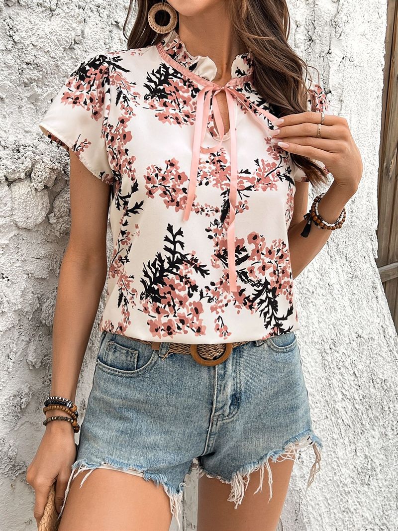 2025 New Spring Summer Floral Print Tie Short Sleeve Blouse Women's Shirt_voghion.com