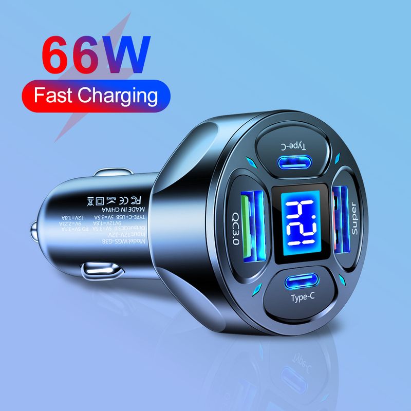 Auto punjač od 66 W s 2 USB+2 USB-C digitalnim zaslonom podržava super brzo punjenje i brzi auto punjač._voghion.com