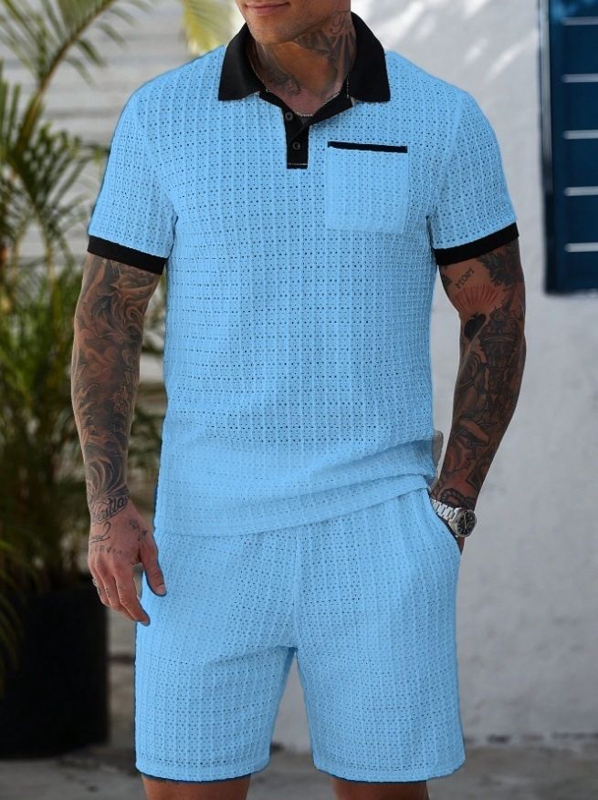 Men's Hollow Color Matching Short Sleeved Shorts Casual Sports Suit_voghion.com