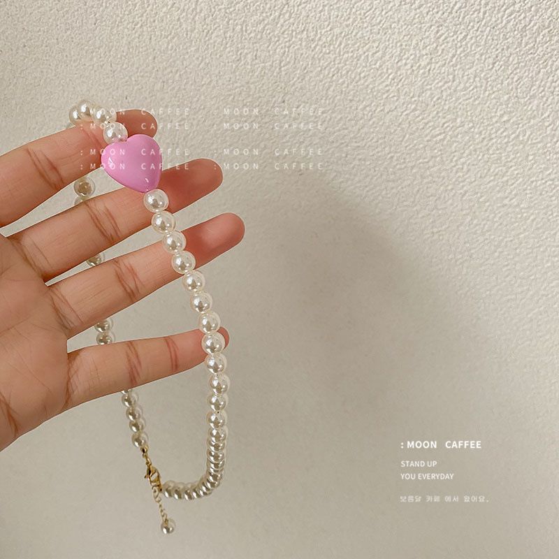 Collar con colgante de corazón de melocotón en forma de perla rosa, blanco y rojo, listo para usar, joyería para niñas y mujeres._voghion.com