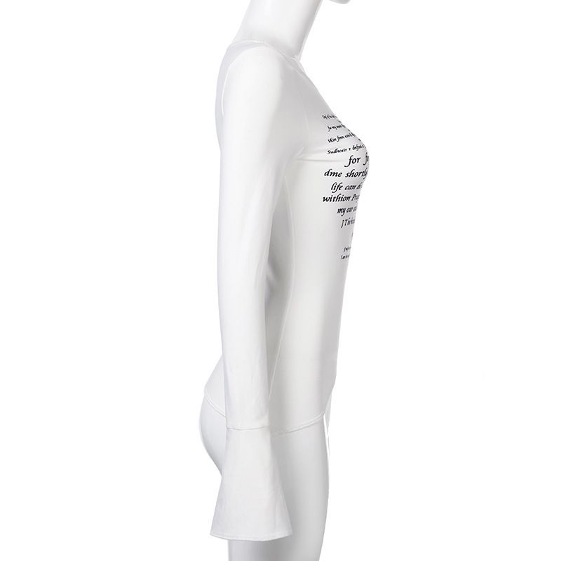 Maglietta a maniche lunghe svasata con stampa a lettere, nuova collezione autunno 2025, per donna, vestibilità slim versatile, girocollo_voghion.com