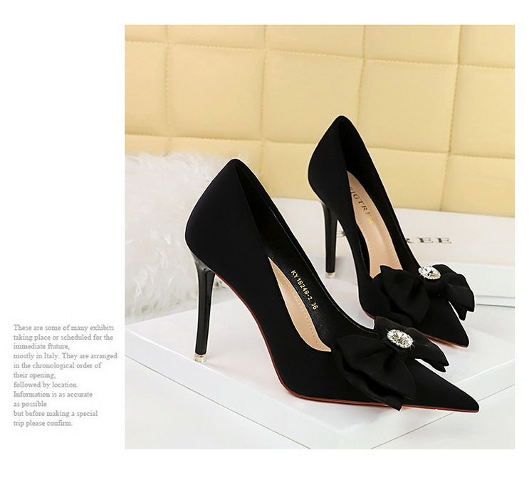 18249-H33 Korean Fashion Banquet Thin Heels, Shallow Mouth, Pointed Water Diamond Bow, High Heel Single Shoes For Women_voghion.com