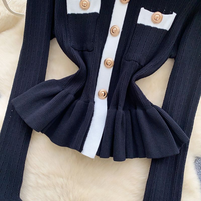 Women's Clothing Metal Button Waist Long Sleeve Luxury-Inspired Contrast Trim Metal Button Long Sleeve Knit Top – Slim Fit High Waist Staple For Fall_voghion.com