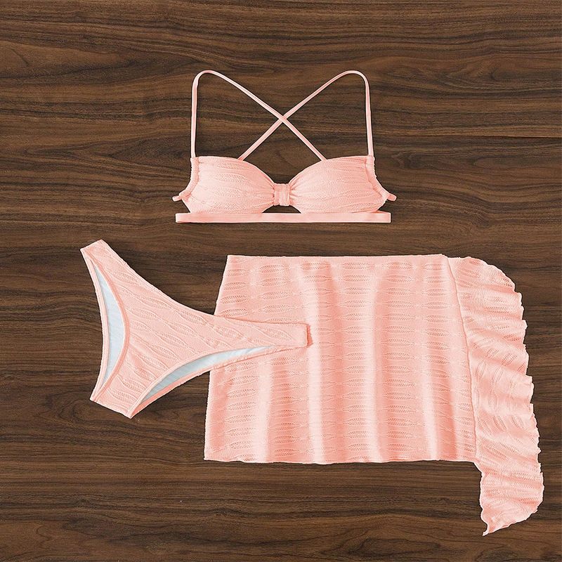 2025 Yeni Düz Renk Bağcıklı Bikini Üç Parça Plaj Etek Mayo Kadın Stili_voghion.com