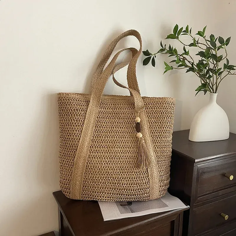 Summer Woven Shoulder Bag Women Beach Female Straw Knitted Handmade Large Capacity Handbag Purse Travel Tote Bags 240906_voghion.com