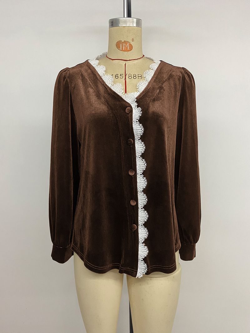 Elegant Vintage Velvet Blouse With V-Neck & Lace Trim - Fall/Winter Boho Chic Shirt For Women, Loose Fit With Puff Sleeves (Brown, S/M/L/Xl)_voghion.com