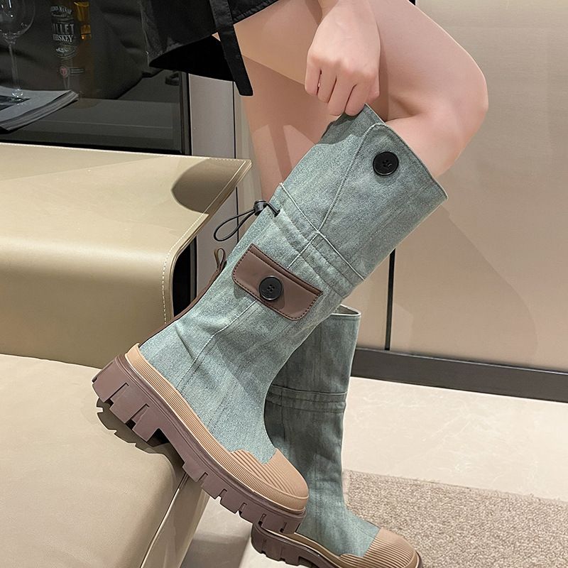 Overknee-Langstiefel für Damen, Herbst/Winter 2023, neue Denim-Arbeitsstiefel mit dicken Sohlen, Shell Toe High Tube-Reitstiefel_voghion.com