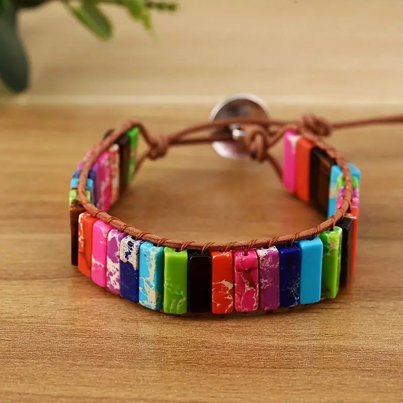 Bohemian Beaded Bracelet For Men And Women, Handmade Leather Wrap Bracelet With Gemstone Beads, Adjustable Unisex Wristband For Everyday Wear_voghion.com