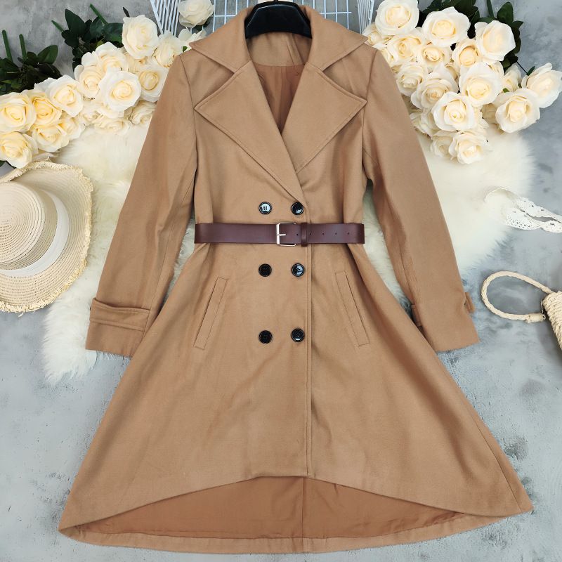 Abrigo de lana cruzado oversize para mujer - Gabardina clásica para otoño e invierno, elegante para la oficina, abrigo largo color caqui con solapa de muesca_voghion.com