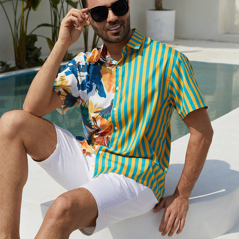 Camicia a maniche corte con stampa a contrasto a righe e motivo a cocco da uomo, modello 2025_voghion.com