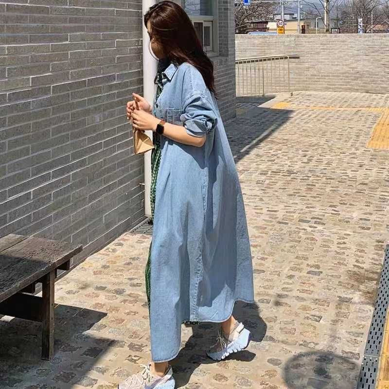Herbstliche Overknee-Jeansjacke für Damen, Langarmhemd im koreanischen BF-Stil, vielseitiger, lässiger Windbreaker_voghion.com