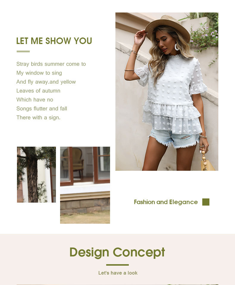 Camicia in chiffon bianco girocollo a maniche corte con volant tinta unita_voghion.com