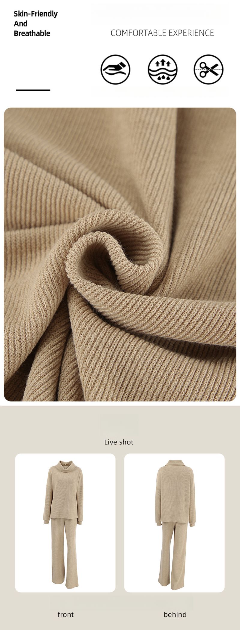 Suéter de malha cáqui com gola alta para outono e inverno, feminino, casual, simples, camisa, blusa, calça comprida, conjunto de duas peças feminino_voghion.com