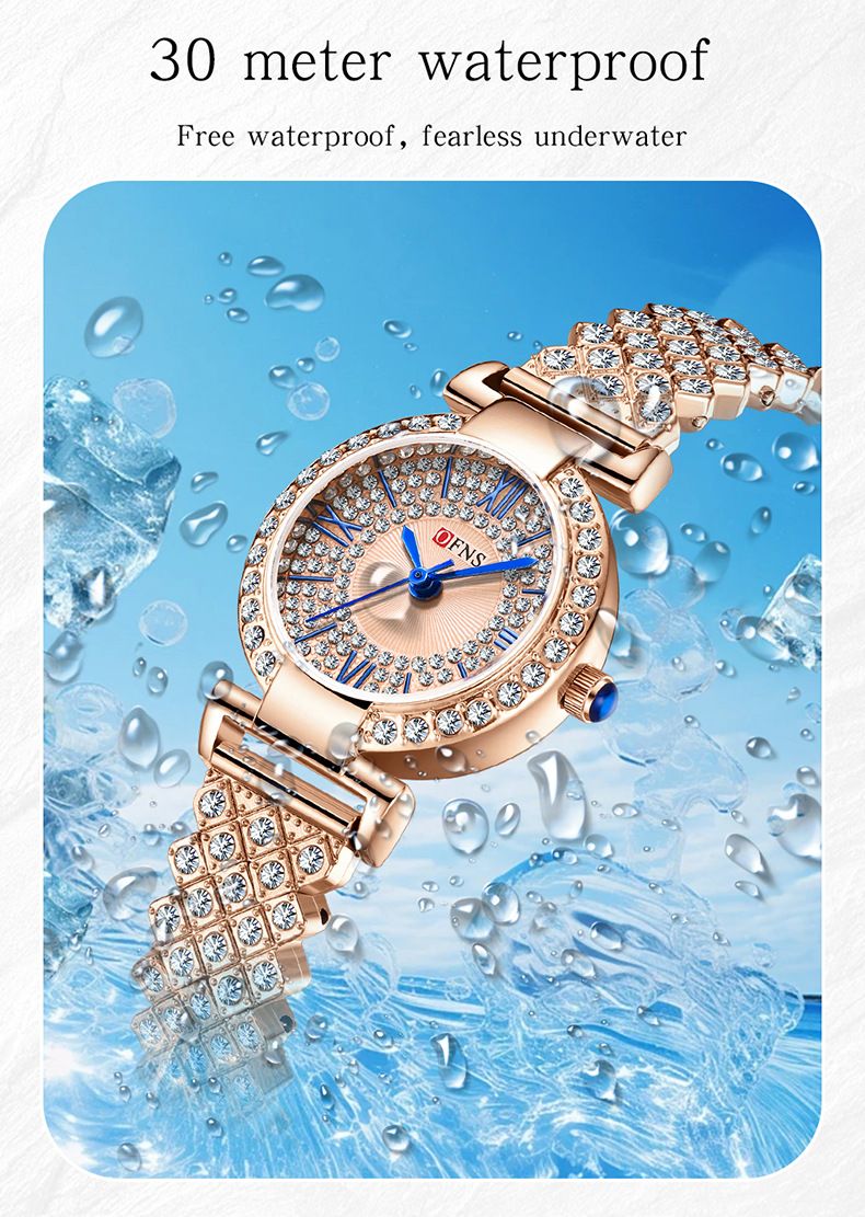 Elegante Damen-Quarzuhr mit Diamantlünette, wasserdicht, rundes Zifferblatt, Edelstahlverschluss, modische und zierliche runde kompakte Quarzuhr_voghion.com