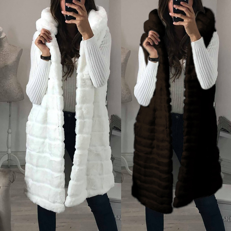 Cappotto con cappuccio in pelliccia imitazione pelliccia di coniglio di media lunghezza da donna_voghion.com