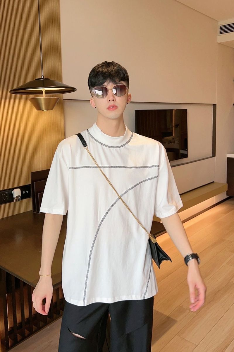 2024 New Bright Line Stehkragen Kurzarm-T-Shirt Herren Sommer Koreanische High-End Lose Reine Baumwolle Line Bottoming Shirt Tide T_voghion.com