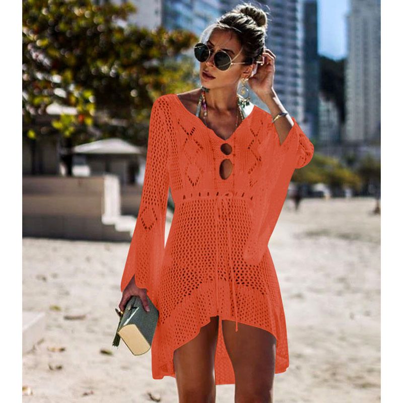 Unregelmäßiger tiefer V-Ausschnitt für Damen, sexy, ausgehöhlt, gewebt, Strandkleid, Überzug_voghion.com