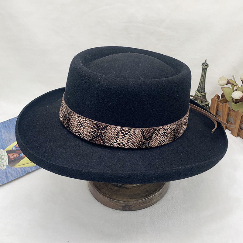 chapeau haut de forme à large nœud en feutre de laine simple vintage Chapeau de jazz noir_voghion.com