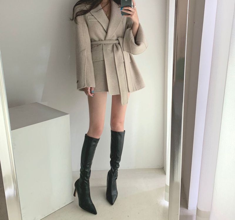 Women's Clothing Autumn And Winter New Niche High End One Button Wool Tie Waist Slim Suit Jacket_voghion.com
