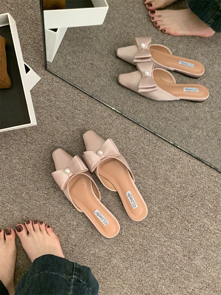 Hausschuhe mit quadratischem Kopf und flacher Zehenpartie für die Sommersaison 2025, neue Seide, Satin, Perle, vielseitig, schön, cool und_voghion.com