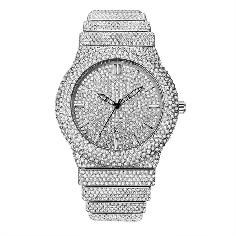 Luxuriöse Hip-Hop-Herrenuhr mit Diamantakzenten und Gold-Finish – Datumsanzeige, Quarzwerk, modisches Statement, Hip-Hop-Diamant, Luxus, goldenes Datum_voghion.com