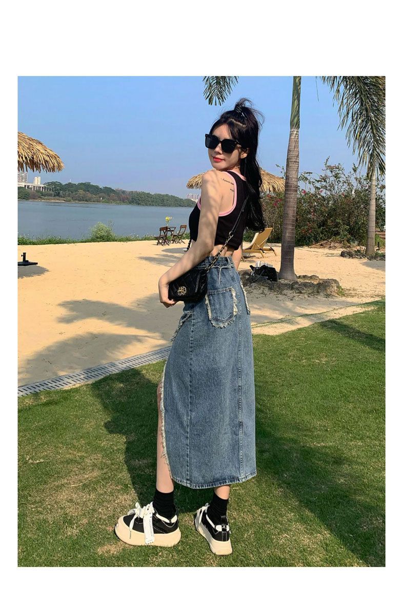 Gonna da cowboy, spacco da donna, linea ad A estiva alla moda a vita alta, lunghezza media irregolare con bordo in pelliccia e glutei_voghion.com