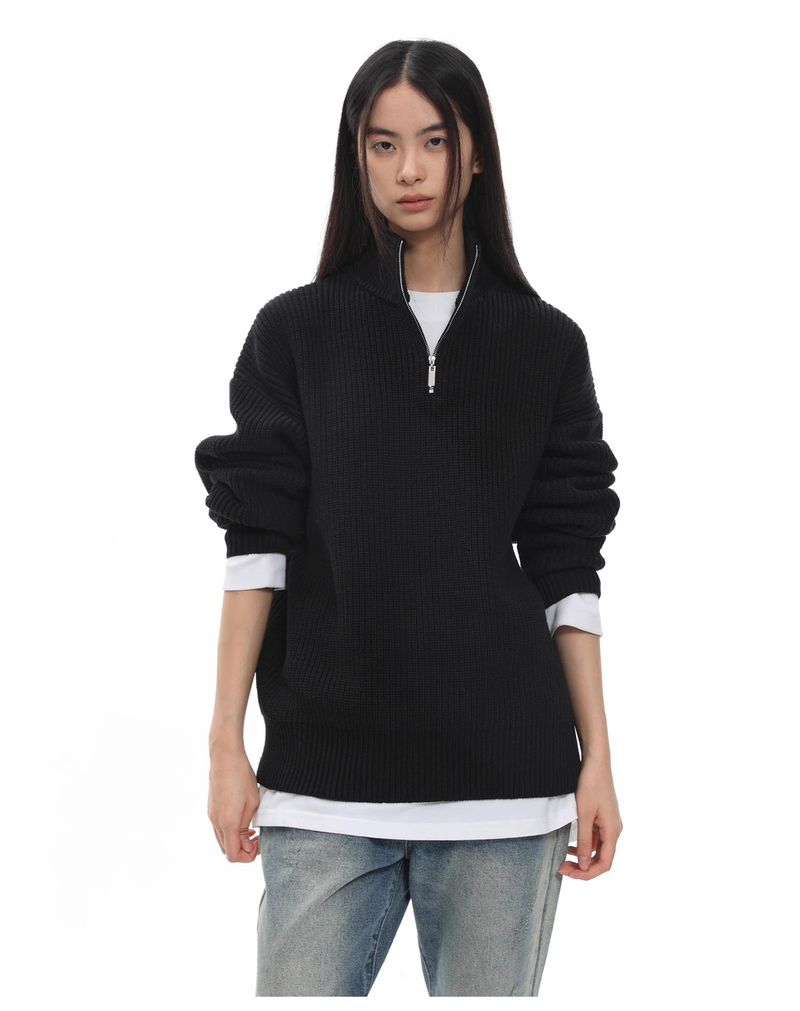 Roaring Beast Oversize-Pullover in Unifarben mit Stehkragen und halbem Reißverschluss, kuscheliger und lässiger Strickpullover für Damen und Herren_voghion.com