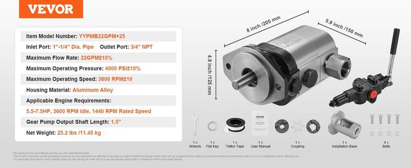 VEVOR Hydraulic Wood Log Splitter Pump Kit, 22GPM, 2 Stage 4000PSI Aluminum Hydraulic Gear Pump, With Valve Coupling Installation Base 3/4'' NPT Outlet 3600 RPM, For Small Engine Mounting Log Splitter_voghion.com