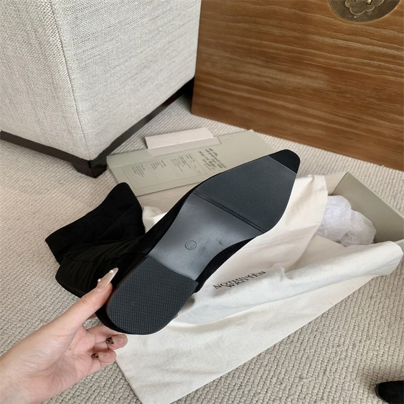 ShoeGlobe Autumn Winter New Square Toe Flat Slip-On Suede Khaki Long Women's Riding Boots_voghion.com