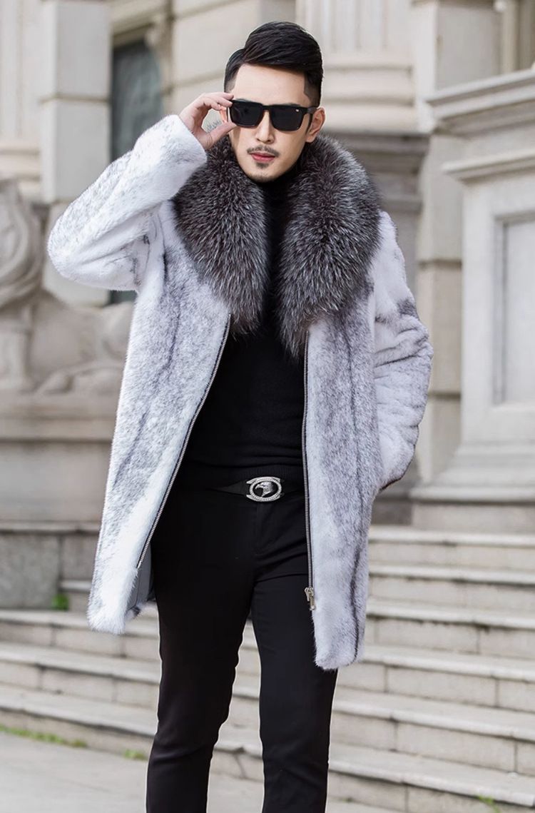 Herrenbekleidung Herren Mittellanger Nerzmantel, Ganze Nerzkreuz-Nerz-Fuchspelzkragenjacke, Lässige Nerzpelz-Reißverschlussjacke_voghion.com