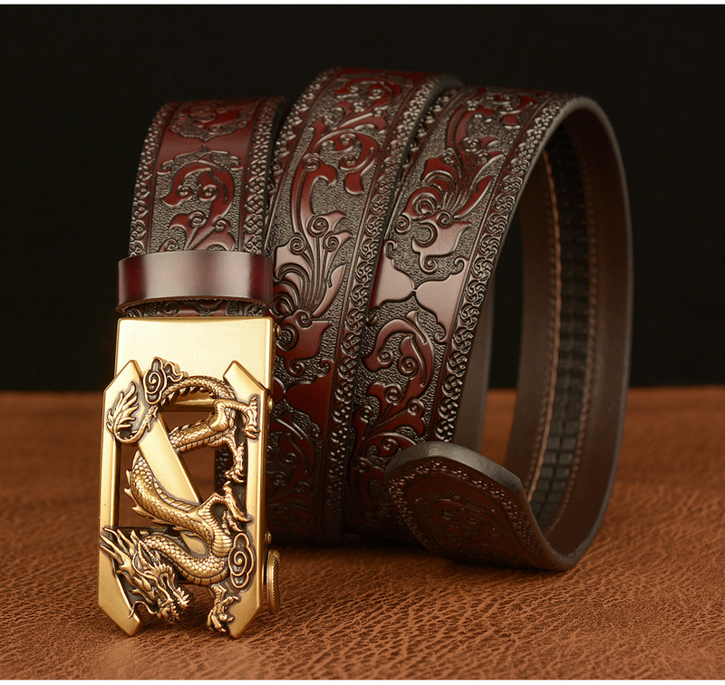 3.5cm Fashion Eming Retro Male Belts for Men Business Cowhide Genuine Leather Belt Dragon Pattern Automatic Buckle Strap_voghion.com