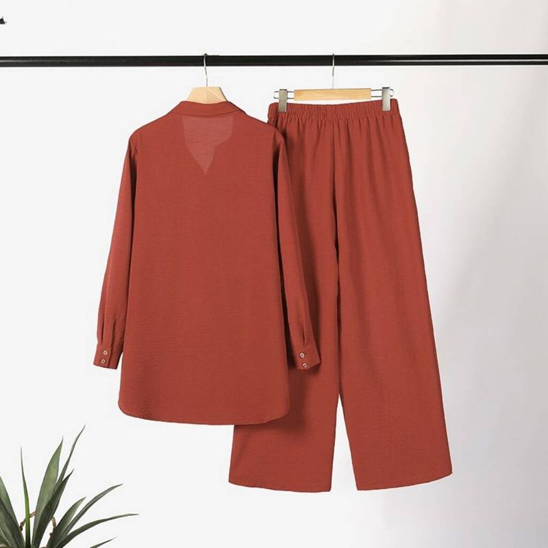 Women's Middle Eastern Muslim solid color long-sleeved wooden button bag flap shirt and trousers two-piece set in stock_voghion.com